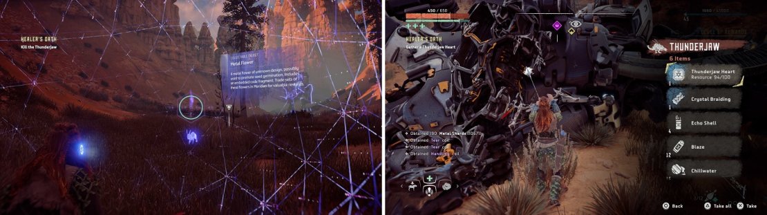 Don&rsquo;t forget to grab the Metal Flower in the valley with the Thunderjaw (left), which always drops a Heart (right).