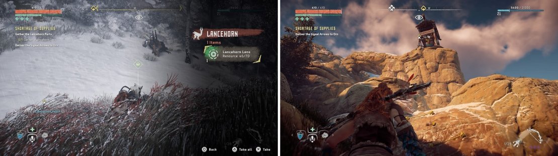 There are some Lancehorns nearby for you to grab a Lens (left). The watchtower is high on a hill, so you&rsquo;ll have to climb to reach it (right).