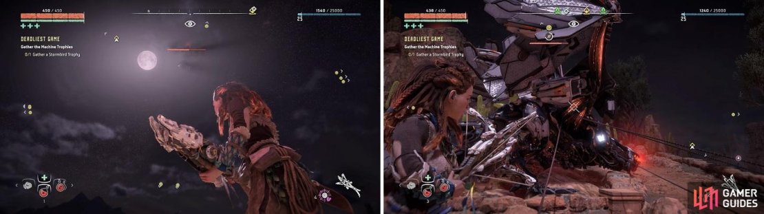 When the Stormbird flies high into the sky, it&rsquo;s going to do its divebomb attack (left). Use the Ropecaster to keep the Stormbird grounded (right).