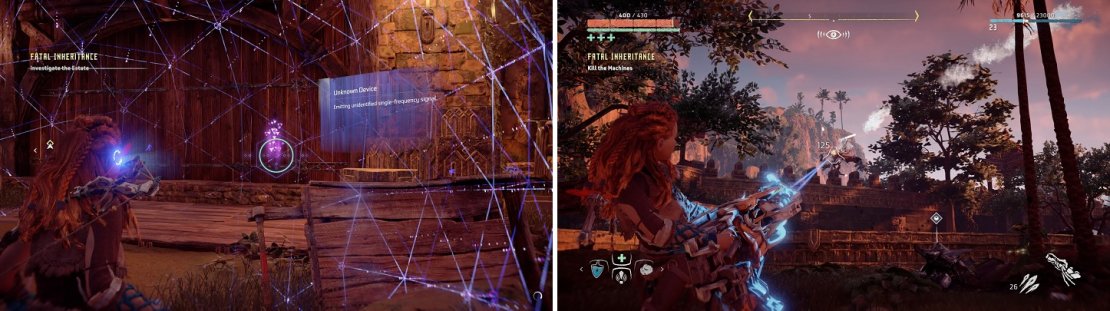 The unknown device is inside of the workshop (left). If you knocked off the Ravager&rsquo;s cannon, use that to kill the Glinthawks (right).