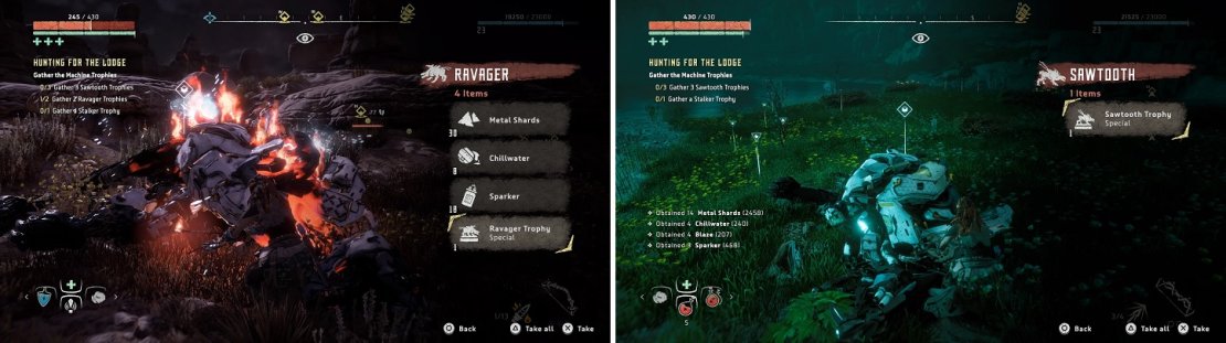 The designated machines don&rsquo;t drop the trophies unless you have this part in your log (left). You also can hunt them anywhere on the game&rsquo;s map (right).