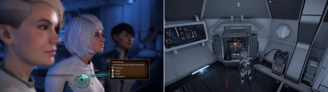 Dialogue choices rarely get you different results, but you can note the icons next to them, which indicate Ryder&rsquo;s tone (left). Be sure to arm yourself appropriately before embarking on your first adventure (right).