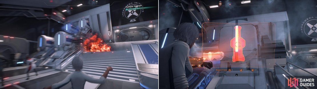 Immediately outside you&rsquo;ll witness another malfunction (left). Use your scanner to isolate the problem (right), which will help you repair it - or at least mitigate the damage.