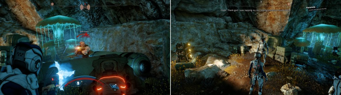 Kill the aliens hassling Greer (left) after which he&rsquo;ll be understandably thankful for the rescue (right).