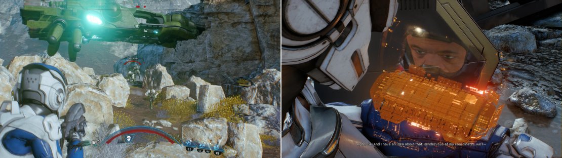 Dropships full of hostile aliens will complicate your rendezvous with Cora (left). After the hostilities die down you&rsquo;ll get in contact with dad, who summons you to help further a scheme of his (right).
