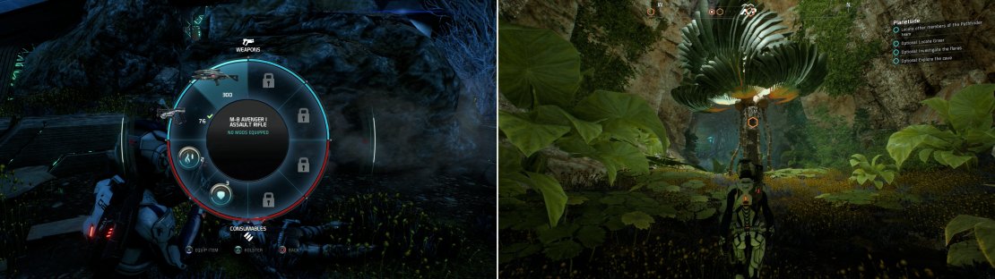 Search Kirkland&rsquo;s body for an M-8 Avenger Assault Rifle (left). In a sheltered cave you&rsquo;ll be able to catch a glimpse of Habitat 7 as it once was (right).