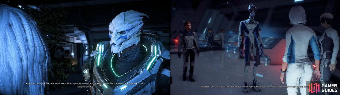 On the apparently derelict Nexus you&rsquo;ll meet Kandros (left) who will take you to meet the rest of the Nexus leadership, such as it is (right).