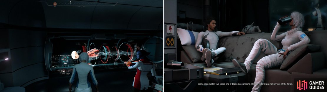 In the Med Bay you&rsquo;ll find a Respec Station (left) which will let you reassign your skill points for an ever-increasing fee. You can also take the time to simply chat up your crew.
