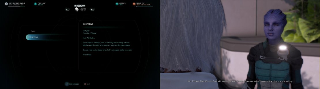 Check your Email aboard the Tempest to find a quest-starting message from one Keri T&rsquo;Vessa (left). This long-running quest will involve periodically answering Keri&rsquo;s questions&hellip; and perhaps a bit of flirting (right).