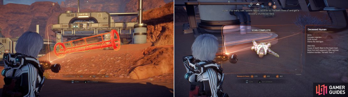 There&rsquo;s plenty of discarded Initiative equipment you can scan to earn Milky Way Research Data points (left). Sadly, the Initiative left behind more than equipment - scan colonist bodies to start the quest &ldquo;Task: Naming the Dead&rdquo; (right).