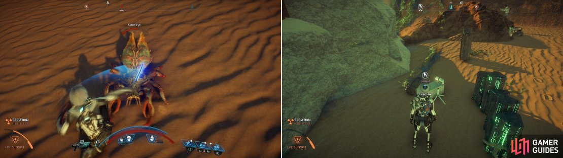 Killing Kaerkyns in the wilderness of Eos can prove quite lucrative (left). Finding Datapads at random Remnant sites will start the quest &ldquo;Task: The Ghost of Promise&rdquo; (right).