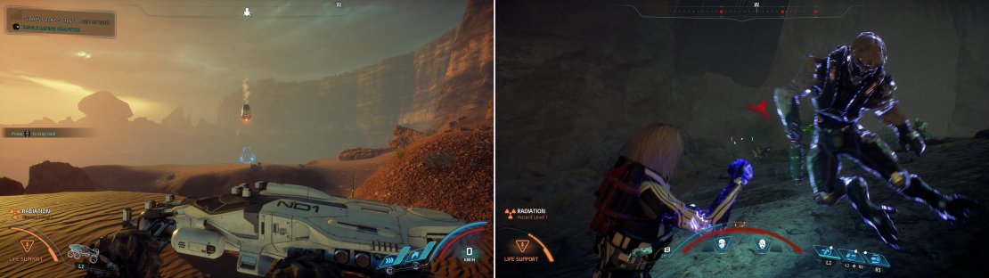 Near the second monolith you&rsquo;ll find another Forward Station (left), near which is a cave filled with Kett (right).