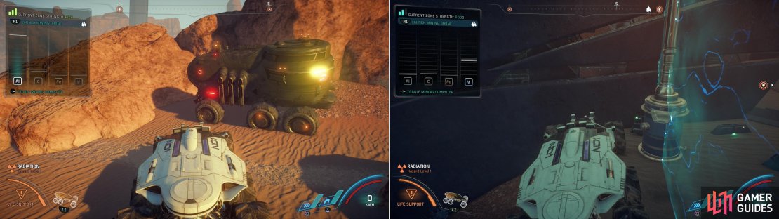Near the second monolith you&rsquo;ll find a Mining Zone, which you can exploit for minerals (left). Be aware that while high amounts of common minerals might be easier to find, rare nodes are often more picky (right).