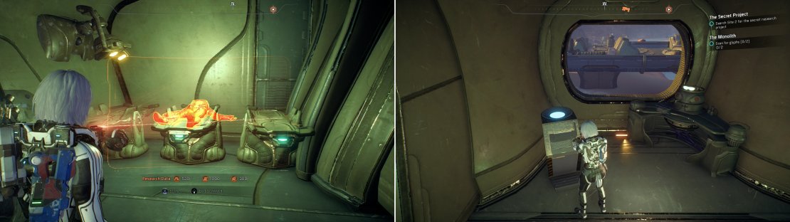 Inside the Kett base, scan the body of another colonist (left) and pick up a Component (right), which you&rsquo;ll need to complete the quest &ldquo;The Secret Project&rdquo;.