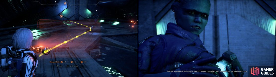 Throughout much of the vault a conduit will serve as a guide (left). Shortly into the vault Peebee will find a Remnant Data Core, the object of her long-running obsession and the quest &ldquo;Remnant Data Cores&rdquo; (right).