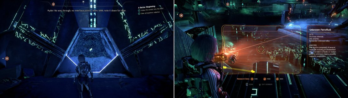 Note an energy barrier, behind which loot hides (left) which you&rsquo;ll need to return to later. All you need to know about the &ldquo;Unknown Ferrofluid&rdquo; in the vault is that you don&rsquo;t want to fall into it (right).