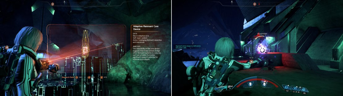 Be on the lookout for Remnant tech to scan (left) as some of it can provide quite a bit of Remnant Research Data. After platforming over the ferrofluid you&rsquo;ll start to encounter Remnant resistance (right).