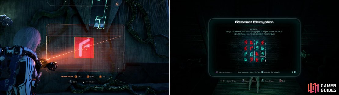 In an optional area you&rsquo;ll find some glyphs you can scan (left) which will help you solve a Remnant puzzle (right) and open a lucrative container.