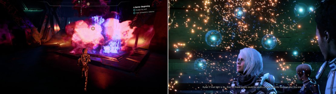 Flee the purification cloud while dodging other environmental hazards (left), after which you&rsquo;ll discover that there&rsquo;s plenty of work for a Pathfinder in the Heleus cluster (right).