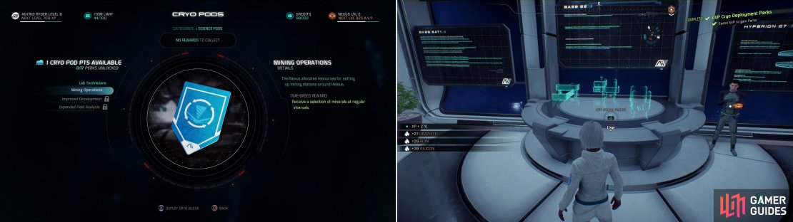 In the Cryo Pod menu you&rsquo;ll be able to spend your accumulated AVP perks (left) to unlock a variety of rewards (right).