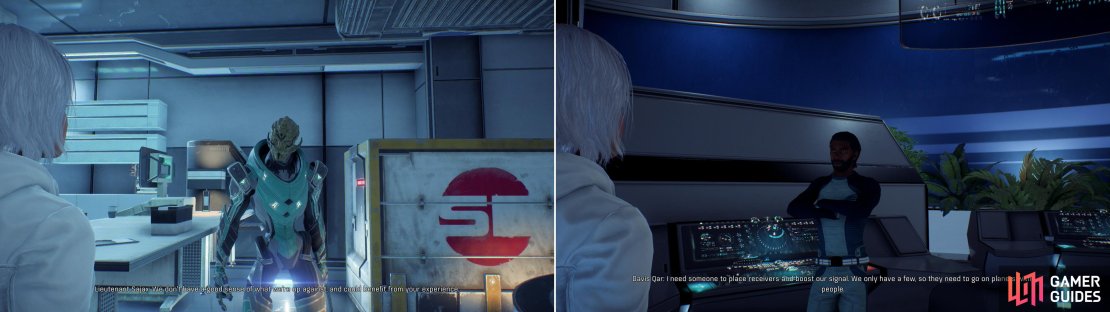 Talk to Kandros&rsquo;s assistant, Lieutenant Sajax, to start the quest &ldquo;Aid APEX&rdquo; (left), while Davis Qar will give you the quest &ldquo;Task: Boosting the Signal&rdquo; (right).