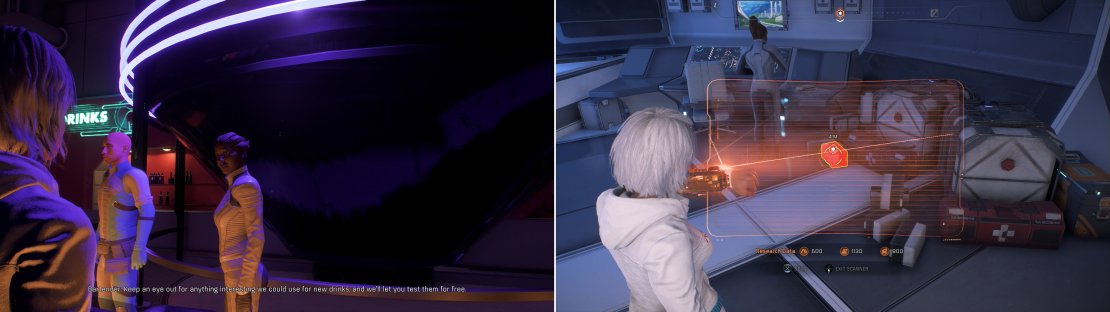 Talk to the Bartender in the Vortex to start the quest &ldquo;Task: Better Crafting&rdquo; (left), then find the ingredients she&rsquo;s looking for in the Hyperion (right).