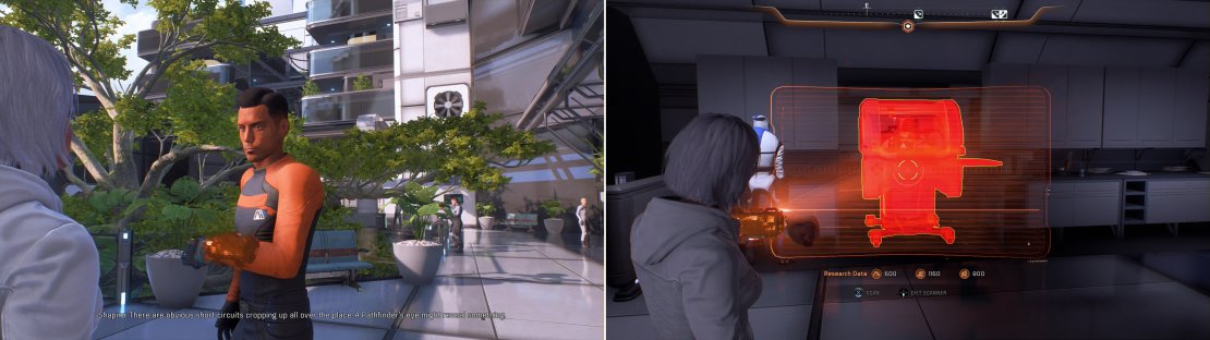 Shapiro is having a bit of a electrical problem, which he&rsquo;ll ultimately draw the Pathfinder into (left). Scan malfunctioning equipment to learn about the cause of the malfunctions (right).