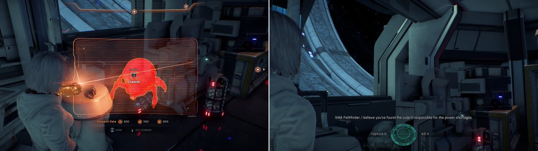 Find an alien bug in Kesh&rsquo;s office (left) then decide what to do with the passive, nesting critter (right).
