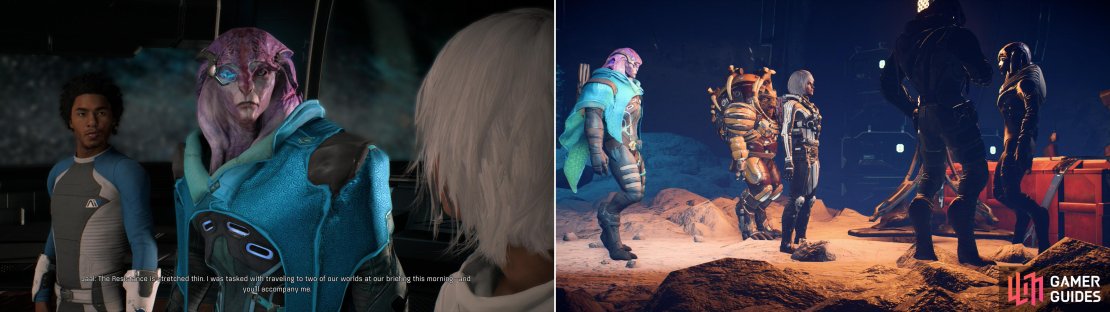 On the Tempest immediately after Aya, Jaal gave you a choice of two ways to earn Evfra&rsquo;s trust (left). The task on Voeld is more complicated and lucrative, so opt to head there and talk to the resistance lader (right).