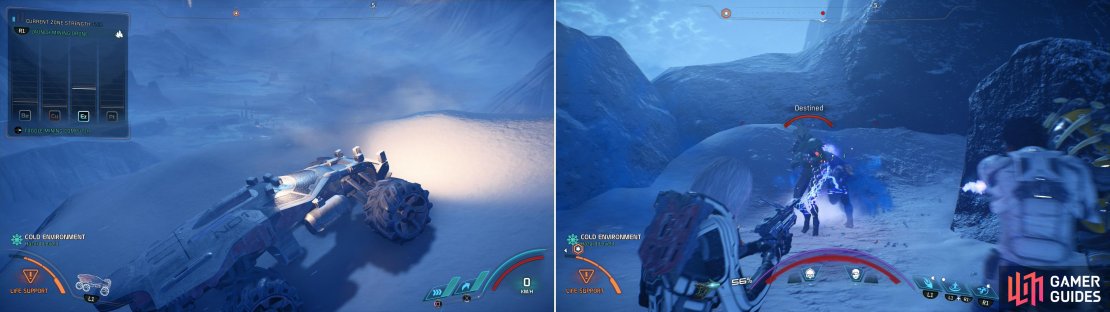 Two rare resources - Element Zero and Platinum - can be found on Voeld (left). You&rsquo;ll also encounter new Kett here, namely the cloaking Destined (right).