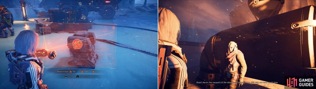 A variety of quest-related objects may randomly spawn at Kett camps on Voeld, like this Angaran Bug (left). Drive to Hjara Station and talk to Skeot to start the quest &ldquo;Stage a Rescue&rdquo; (right).