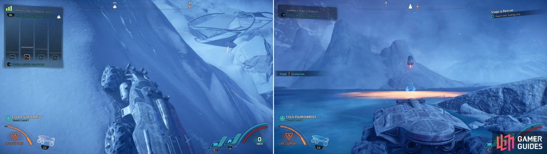 If you&rsquo;re willing to drive&hellip; creatively&hellip; you can find more rare minerals at a Mining Zone past a bridge (left). Drive onto a frozen lake to deploy another Forward Station (right).