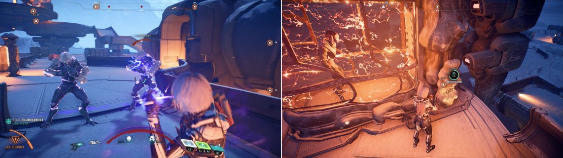 Defeat multiple waves of Kett at the labor camp (left) then free the Angara captives (right) to earn Evfra&rsquo;s trust.