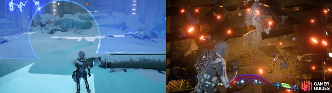 With the mighty power of SAM, you&rsquo;ll be able to bypass the barrier around the Kett facility (left). Smash some vents to complete your infiltration (right).
