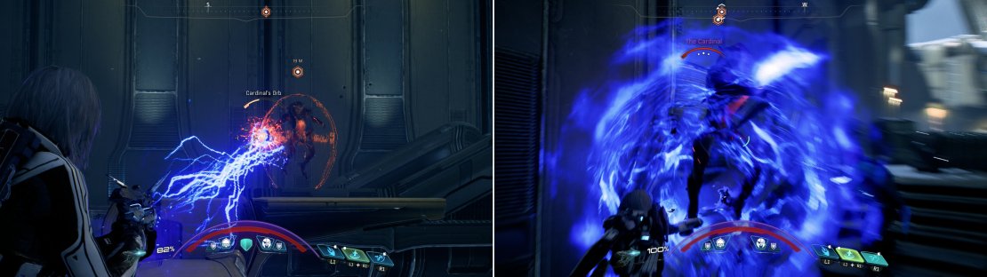 Attack the Cardinal&rsquo;s Orb (left) from a distance to bring down her barrier, then close in and deal as much damage as you can while she&rsquo;s vulnerable (right).