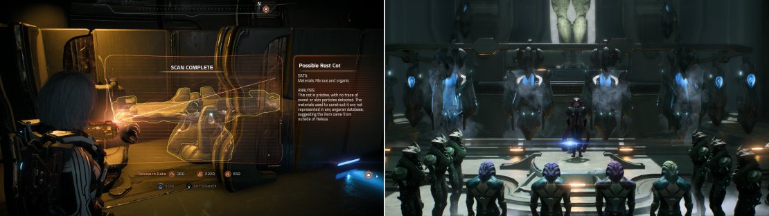Keep your scanner handy throughout the Kett base, as there&rsquo;s much to learn about these aggressive aliens, and many Research Data points to earn (left). Witness an odd interaction between what appears to be a Kett religious figure and some captive Angara (right), which foreshadows revelations to come.