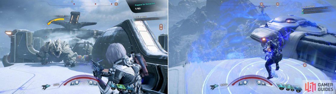 You&rsquo;ll have to endure waves of Kett attacks while waiting for your shuttle, something Fiends (left) will make considerably more difficult. Once the timer runs out, you need only touch down on the indicated area to escape (right).