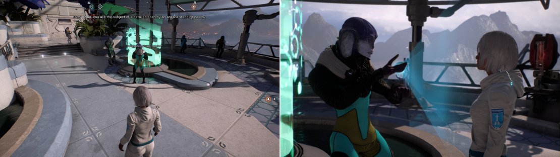 As you pass through Aya, you&rsquo;ll be warned of a voyeuristic scan by SAM (left). Confront the rude Angara and make an exchange of it, or just formally consent to the scanning (right).