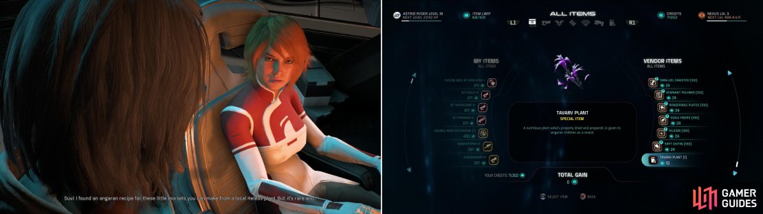 After the Kett facility, talk to Suvi to start the next phase of &ldquo;Movie Night&rdquo; (left), which requires you to head to Aya and puchase a Tavarv Plant (right).
