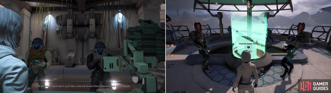 Talk to Enroh Bosaan to pick up the quest &ldquo;Task: Messages to the Nexus&rdquo; (left) then scan Holographic Message Terminals throughout Aya (right).