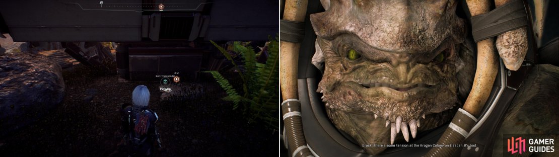 Search under a house to find the Kett Datapad you&rsquo;re after (left). Back on the Nexus, Drack will bring another issue to your attention (right).