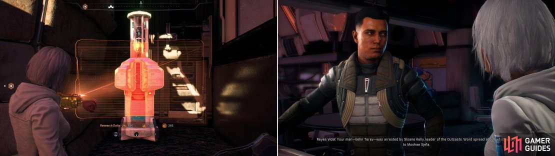 Search around Kadara Port to find some stolen Initiative tech you can scan (left) then meet your contact in Kralla&rsquo;s Song (right) to learn what obstacles hinder you.