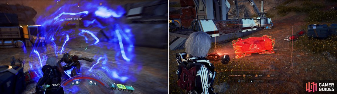 On the surface of Kadara you&rsquo;ll have to evade or exterminate a variety of outlaws (left). Like on Voeld, some of their camps may randomly contain quest-related items (right).