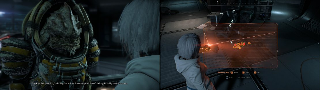 Back on the Nexus after Kadara, Drack will inform you of a possible pest (left). Follow the stolen food to locate the critter&rsquo;s nest (right).