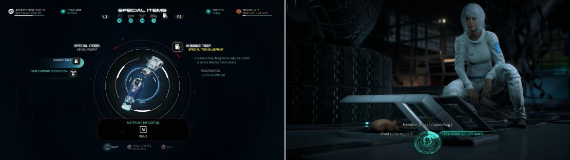 Craft a Humane Trap (left) and when you return to the Nexus later you&rsquo;ll be informed of your success. Investigate the trap, then decide the rodent&rsquo;s fate (right)