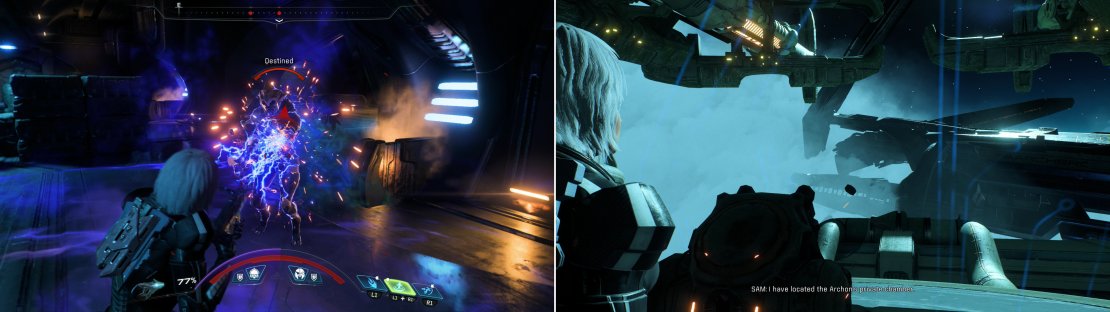 Fight the Kett that greet you when you enter the Kett ship (left) then access a terminal to learn the location of the Archon&rsquo;s chamber (right).