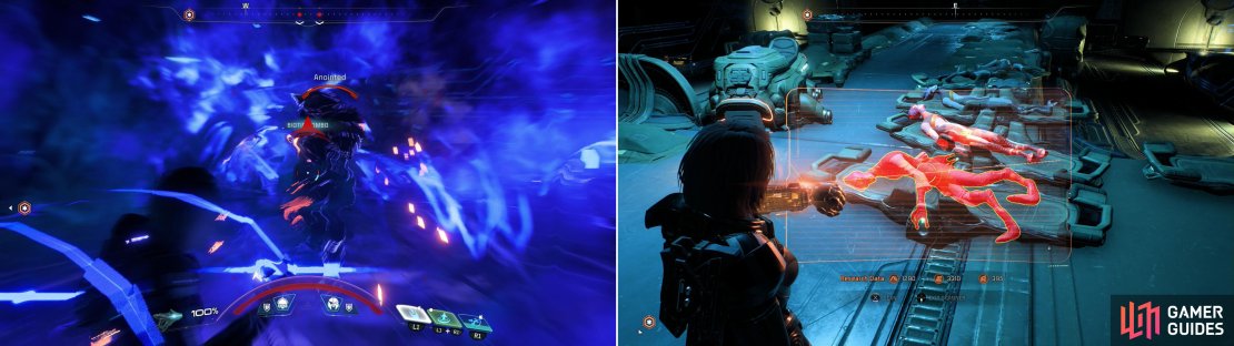 Slaughter your way through some Kett laboratories (left) where you&rsquo;ll find gruesome evidence of how poorly the Kett have treated the Salarian colonists (right).
