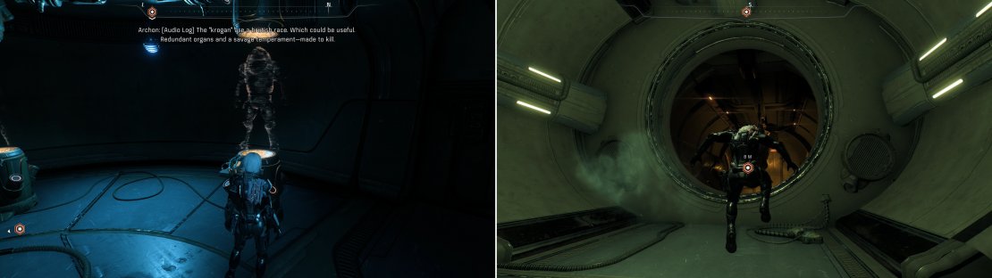 Examine some displays to witness indisputable evidence of the Archon&rsquo;s plans for the Milky Way races (left) then leap into a circular entrace leading to the maintenance tunnels (right).