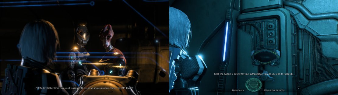 Rendezvous with Pathfinder Raeka, who fortunately has a solution for the Kett&rsquo;s superior firepower (left). To get deeper into the flagship, you&rsquo;ll need to use SAM to imitate Kett vocalizations (right).