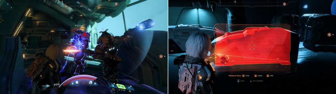 While the Kett in the Hangar are numerous, it&rsquo;s easy enough to play defensive (left) or avoid them outright. Scan some Initiative Pods (right) only to find that they are devoid of Salarians.